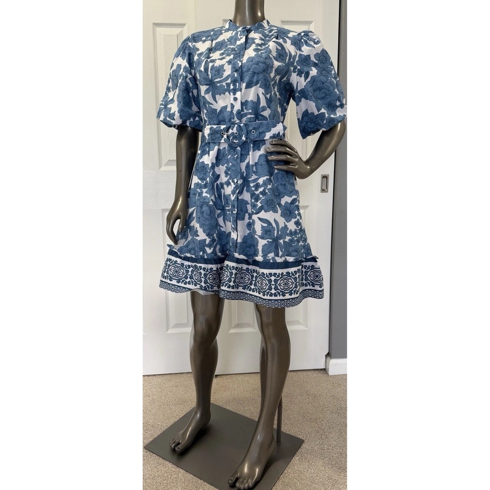 Joie Shirt Dress Size 8 Floral Ivory Puff‎ Sleeve A-Line Belted Demure Feminine